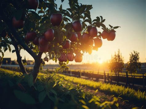 Fruit Farm With Apple Trees In Sunset Ai Generative Stock Photo