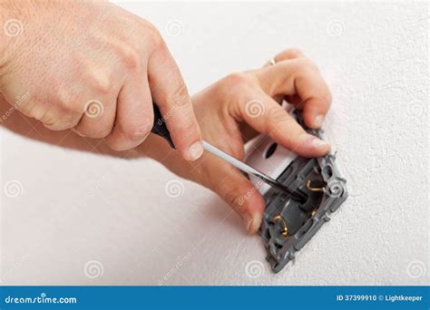 Electrician Hands Mounting Electrical Wall Fixture Stock Photo Image