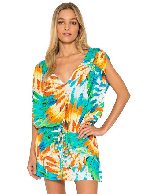 Short Sleeveless Beach Cover Up Feather Print Draped Cover Up
