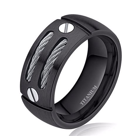 Black Titanium Ring For Men Unique Mens Ring 8mm Band Width Gemori
