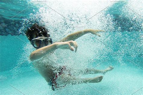 Girl Swimming Underwater Containing Bubbles Pool And Water High