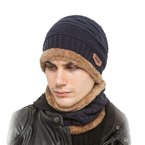 Mens Winter Beanie Hats Scarf Set Warm Knit Hats Skull Cap Neck Warmer