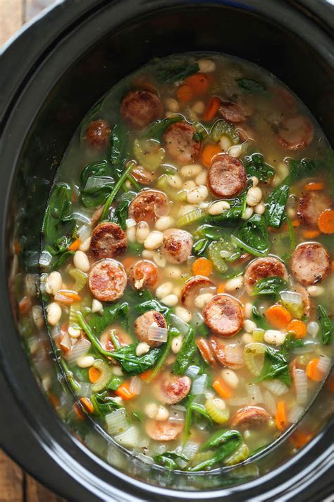Slow Cooker Sausage Spinach And White Bean Soup Damn Delicious