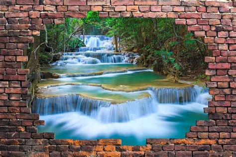 Large Wall Mural Cascading Waterfalls In The Forest Viewed Through A
