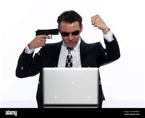 Man Caucasian Hacker Angry Computer Isolated Studio On White Stock