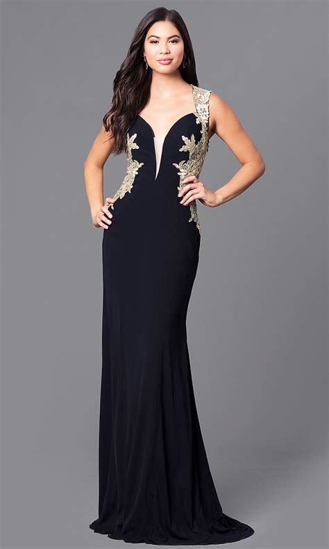 Black And Gold Lace Long Formal V Neck Prom Dress