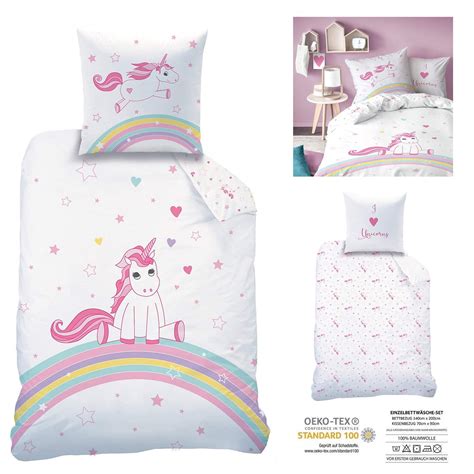 süße Einhorn Mädchen Bettwäsche 135x200 Regenbogen ...