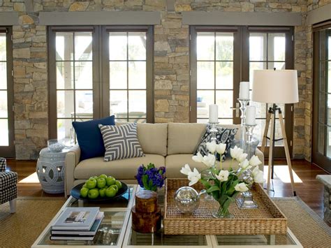 Contemporary Stone Living Room With Navy And Green Decor