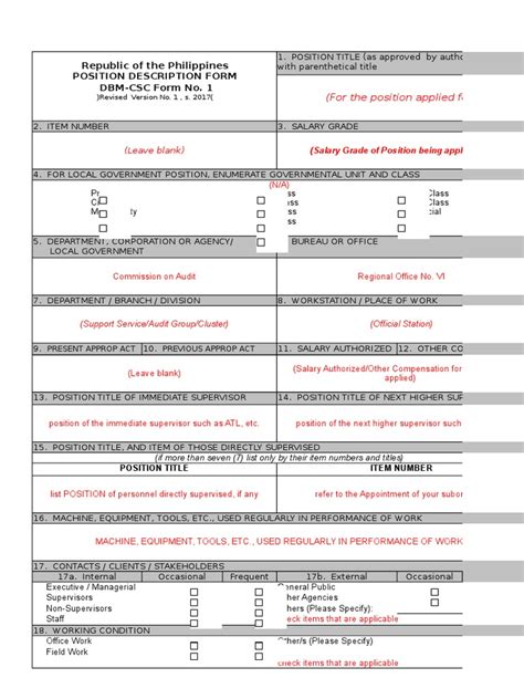 Dbm Csc Form No 1 Position Description Forms Revised 2017 Sample