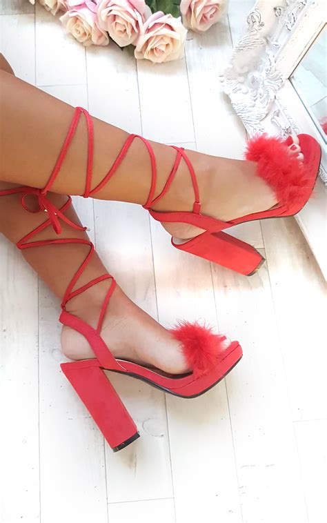 Loucia Fluffy Lace Up High Heels In Red Ikrush