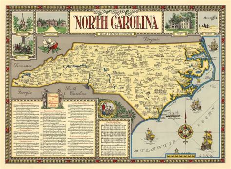 Pictorial Map Of North Carolina Old North State Historical Wall Poster
