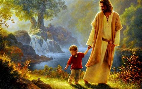 Jesus And Little Boy Walking In Garden Boy Chipmunk Tree Waterfall