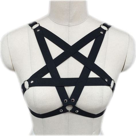 2020 Pastel Gothic Black Body Harness Bra Sexy Lingerie Pentagram Cage