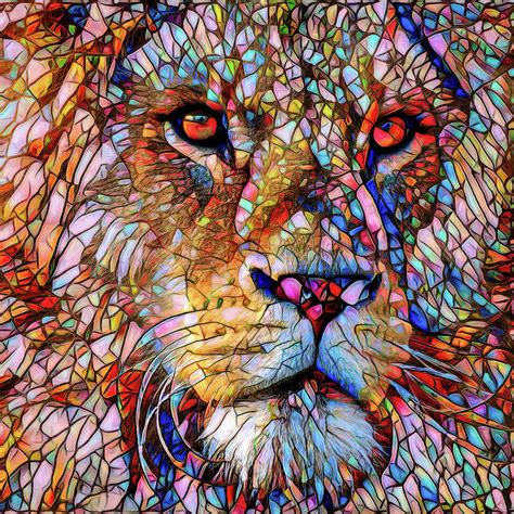 Lion Portrait Stained Glass Mosaic Effect Digital Art By