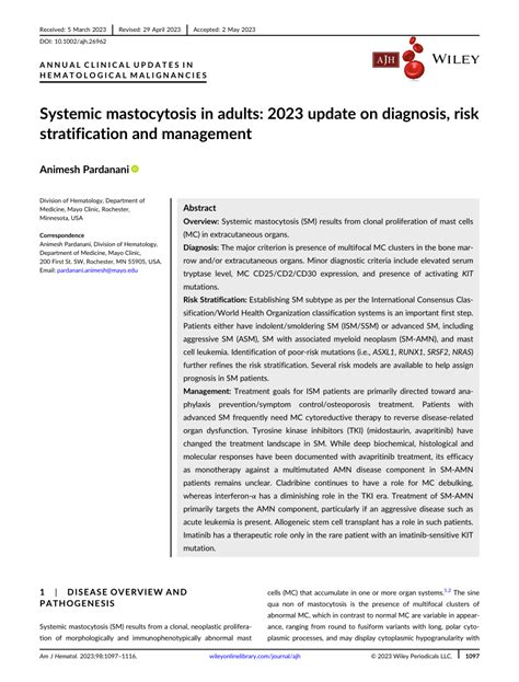 Systemic Mastocytosis In Adults Update On Diagnosis Risk