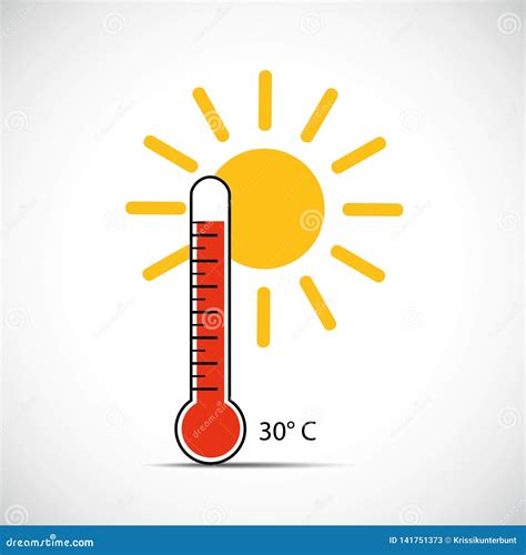 Heat Thermometer Icon 30 Degrees Summer Weather With Sunshine Stock