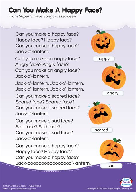 More than 160 action songs to sing while clapping, making funny motions with your hands, moving around and jumping up and down. Can You Make A Happy Face? Lyrics Poster | Preschool songs, Halloween songs, Songs for toddlers