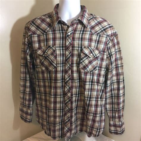 Wrangler Wrancher Mens Cowboy Flannel Pearl Snap Shirt Red Brown Plaid