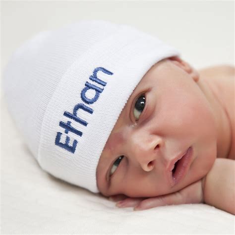 Personalized White Newborn Baby Boy Hospital Beanie Hat With Baby Blue