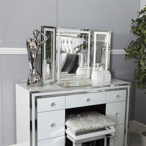 Madison White Glass Freestanding Vanity Tri Fold Mirror Picture