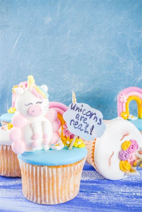 Cute Unicorn Cupcakes Stock Photo Image Of Wood Copy 166962786