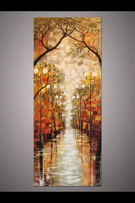 An Abstract Painting Of Trees And Street Lights On A Canvas Wall