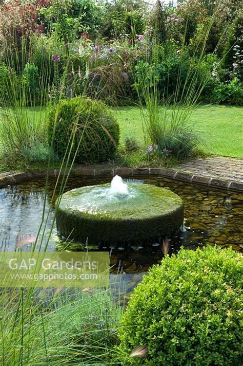 Millstone Fountain Surrounded By Buxus Spheres And Stipa Gigantea