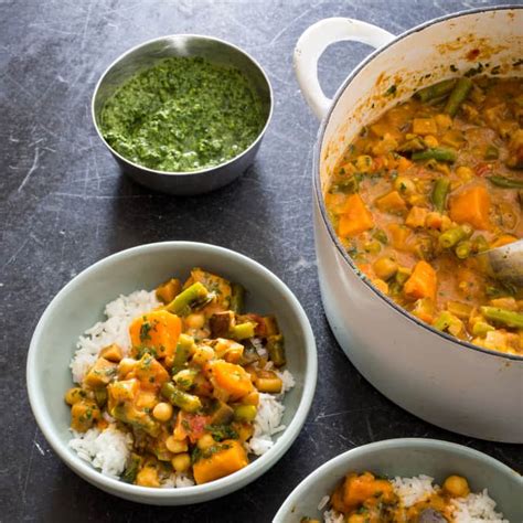Vegan Indian Style Curry With Sweet Potatoes Eggplant And Chickpeas