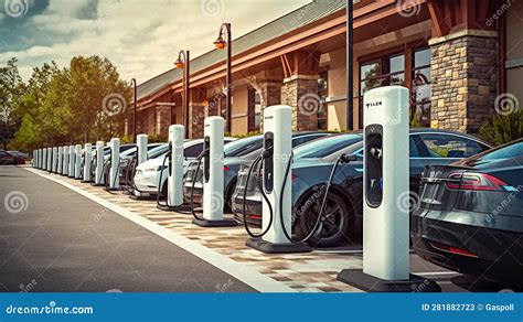 A Line Of Electric Cars Charging At A Public Charging Station