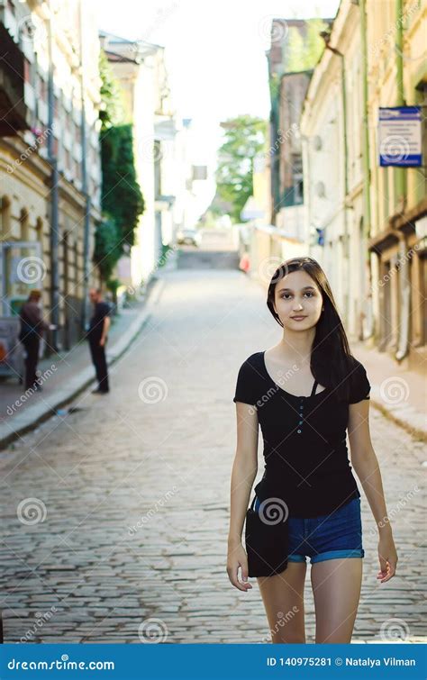 Cute Teen Girl Walking Down The Street Stock Image Image Of Girl