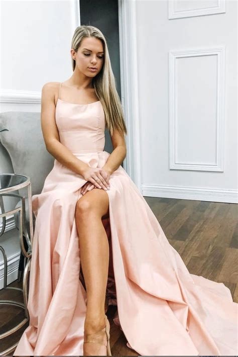 Elegant A Line Satin Long Pink Prom Dress With High Slit Simple Pink Abcprom