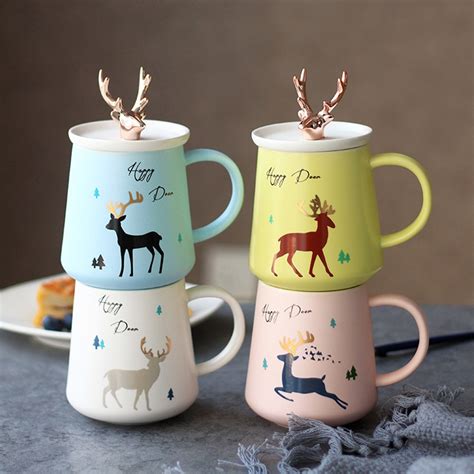 350ml Creative Ceramic Coffee Mug With Lid Deer Milk Tea Cup Travel