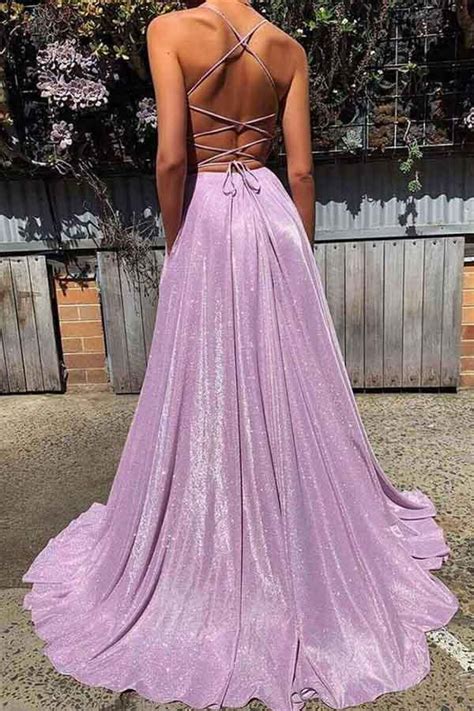 Backless Prom Dresses Spaghetti Straps Aline Sparkly Lilac Prom Dress Anna Promdress