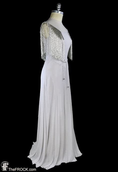 1930s Gown Art Deco Beaded Fringe Silk Chiffon Formal Evening Or