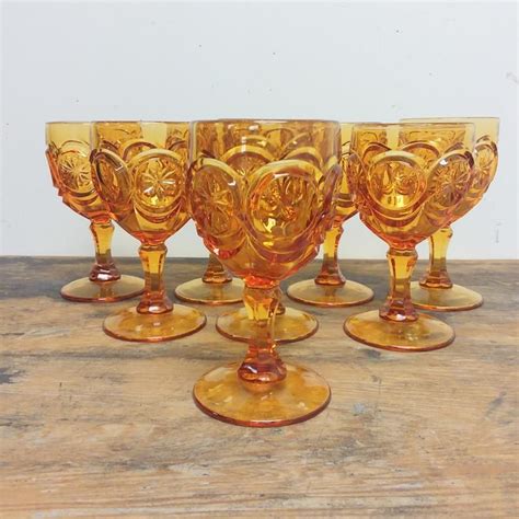 8 Amber Water Glass Goblets Knobby Bull S Eye By Red Etsy Water Glass Glass Stemware Glass