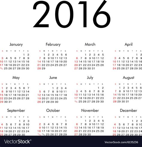 Simple 2016 year calendar Royalty Free Vector Image