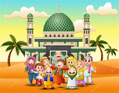 Premium Vector Happy Muslim Kids Cartoon In Front Of A Mosque