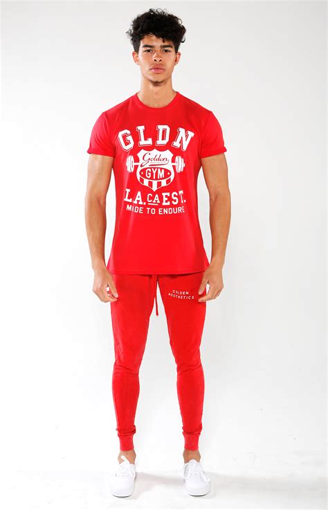 Mens Red Gym Crest T Shirt Golden Aesthetics
