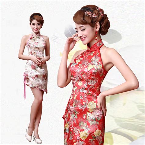 lady sexy backless pink strapless halter satin cheongsam qipao dresses gown slim sleeveless