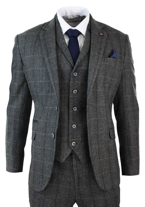 Cavani Albert Mens Herringbone Tweed Check 3 Piece Suit Charcoal Buy Online Happy Gentleman