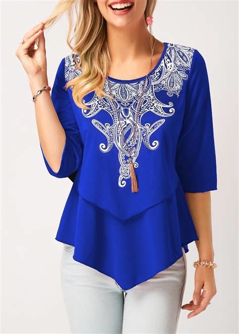 us 29 31 asymmetric hem round neck royal blue blouse trendy tops for women royal blue