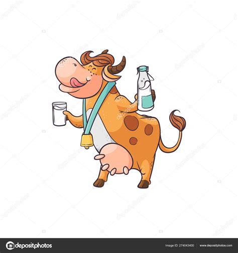 Funny Cow Drinking Milk From Glass And Bottle Cute Cartoon Character