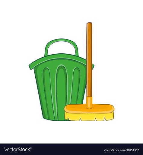 Cleaning Broom And Trash Bin Icon Cartoon Style Vector Image