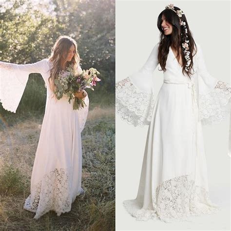 Beach Wedding Dresses 2019 Chic Boho Bohemian Long Bell Sleeve Lace Flower Bridal Gowns Plus