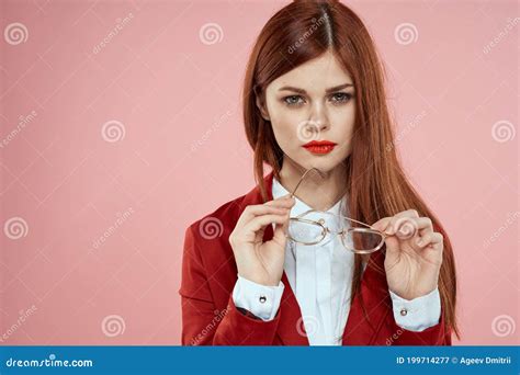 Elegant Woman Wearing Glasses Red Lips Jacket Long Hair Pink Stock Image Image Of Fashion