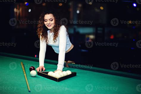 Young Curly Girl Posed Near Billiard Table Sexy Model At Black Mini