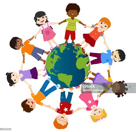 Earth Globe With Group Of Diverse Multiethnic Children In A Circle