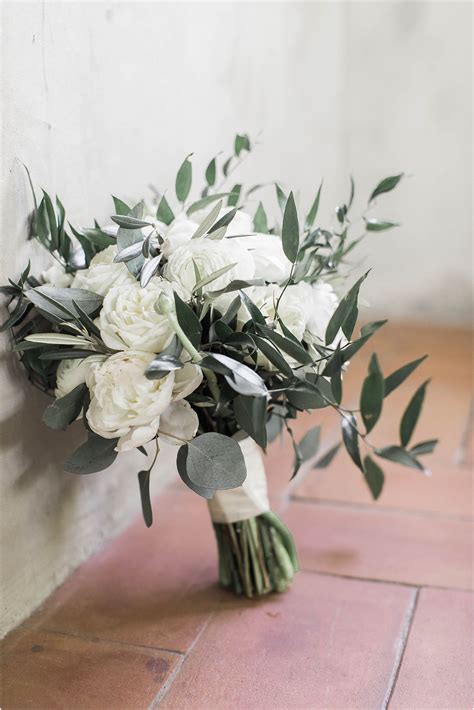 Neutral Romantic Wedding Bouquet Of White Peonies And Olive Leaf At