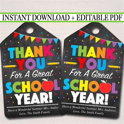 Thank You Tags Teacher Appreciation Thank You Note Printable Chalkboard Tags End Of School