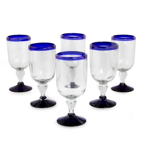 Handblown Blue Rim Wine Glasses From Mexico Set Of 6 Cobalt Joy Novica